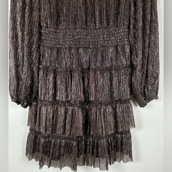 1. State Metallic Smocked Dress Mock Neck Tiered Ruffle Black Gold Women's Small - Picture 5 of 8